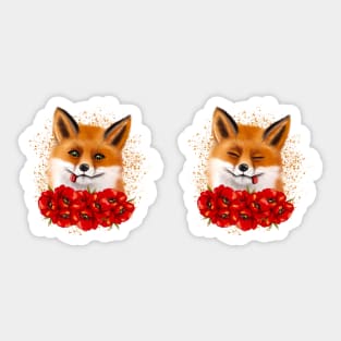 Cute fox face with red poppies Sticker